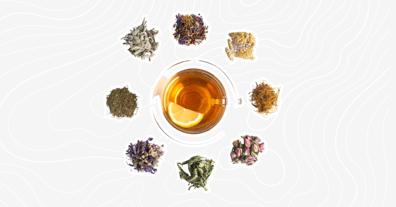 8 teas in a circle around a glass cup of tea from the above cut off on the grey custom background