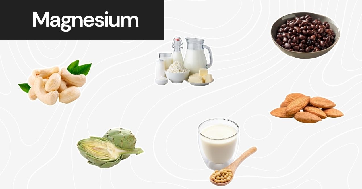 Foods rich in magnesium including cashews, dairy, black beans, artichokes, and almonds.