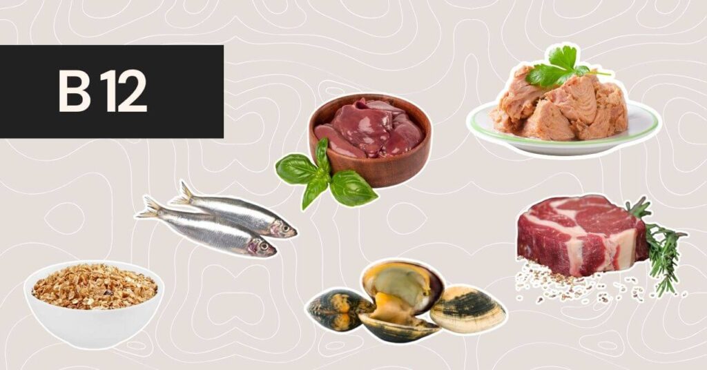 Image of foods rich in vitamin b12 including cereal, oysters, salmon, liver, beef and fish on a patterned background.