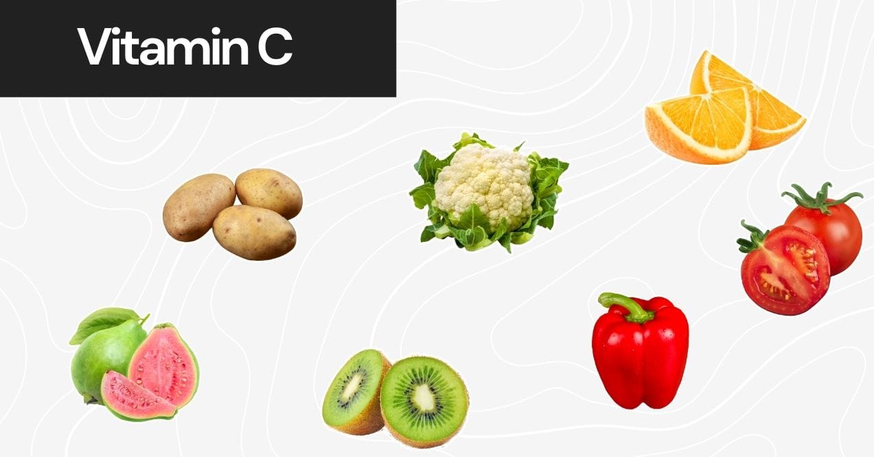 Vitamin C foods including potatoes, guava, kiwi, cauliflower, oranges, and tomatoes.