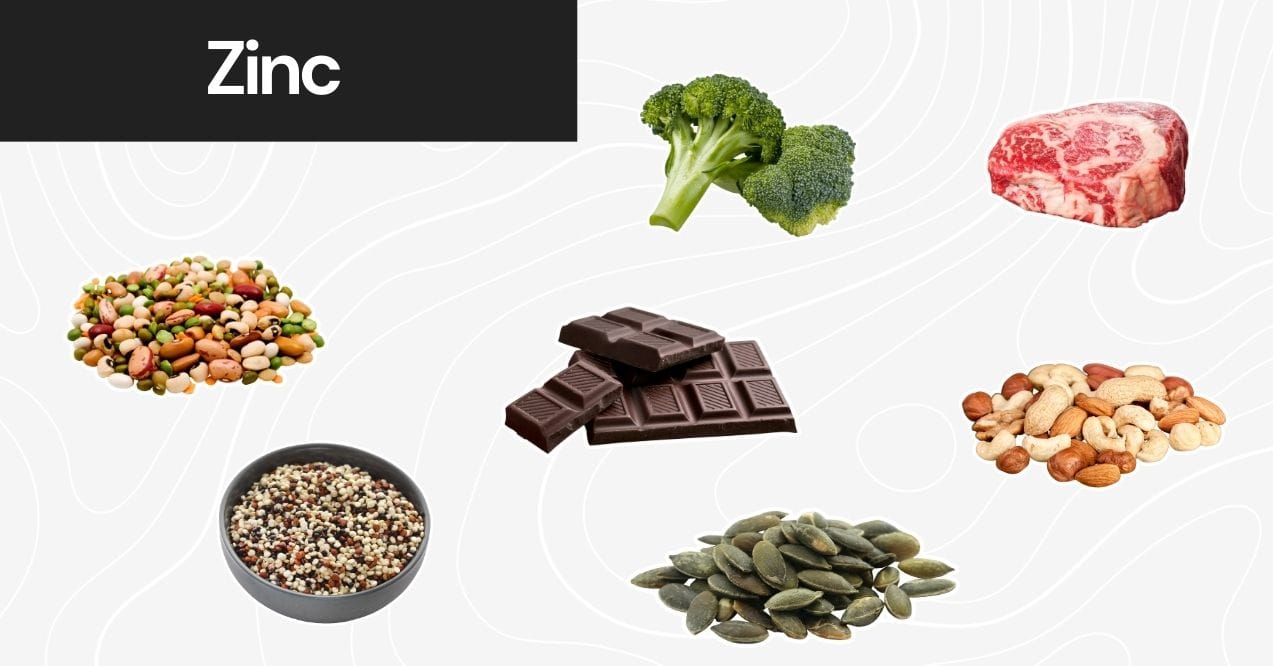 Zinc-rich foods like broccoli, beans, quinoa, pumpkin seeds, dark chocolate, and ribeye steak.