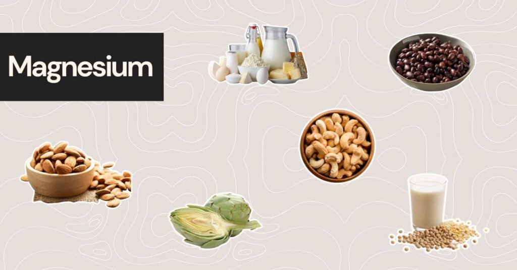 Image of foods rich in zinc including artichoke, almonds, diary, soy milk, black beans, cashew nuts on a patterned background.