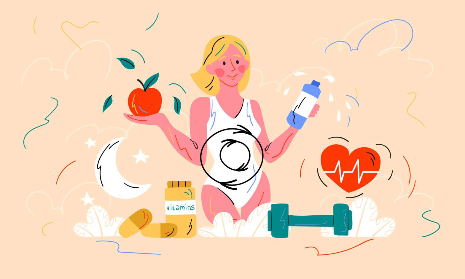 Healthy diet and metabolism concept illustration with a young woman holding a bottle of water and tomato