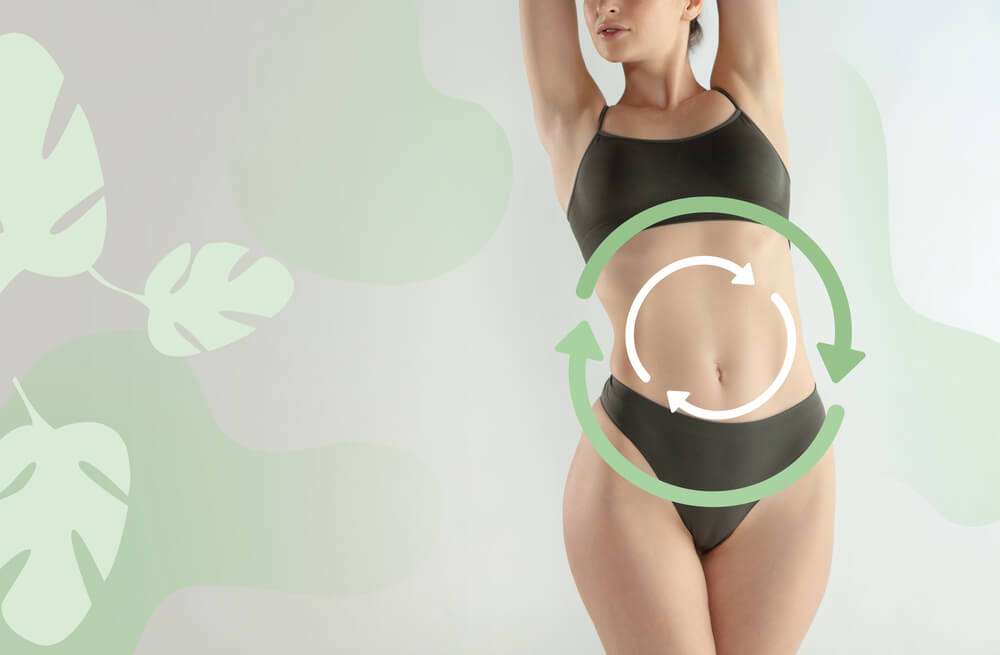 Women belly with drawing arrows symbolising fast metabolism