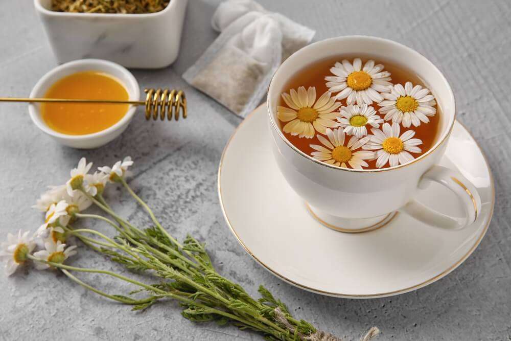 Composition with cup of chamomile tea, flowers and honey on grunge background