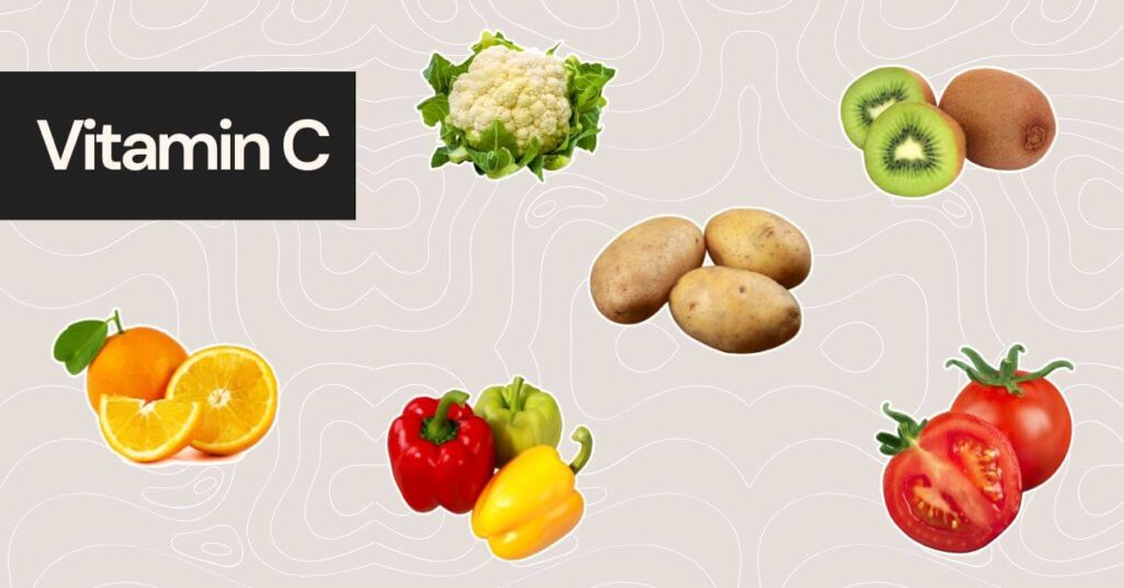 Image of foods rich in vitamin c including oranges, peppers, cauliflower, kiwi, potatoes and tomatoes on a patterned background.