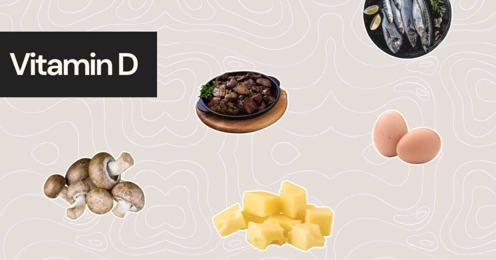 Image of foods rich in vitamin D including mushrooms, fish, liver, eggs, and cheese on a patterned background.