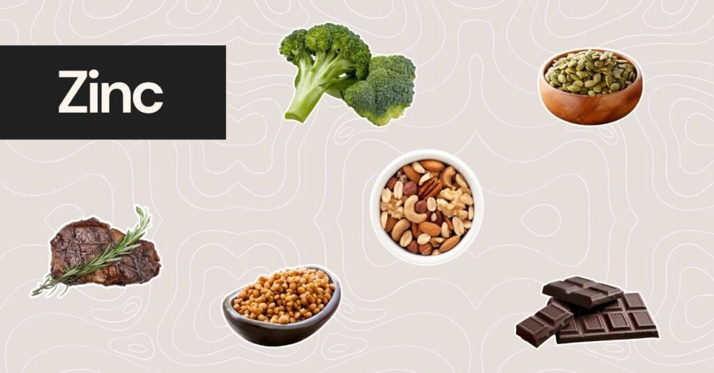 Image of foods rich in zinc including beef, broccoli, nuts, lentils, pumpkin seeds, and chocolate on a patterned background.