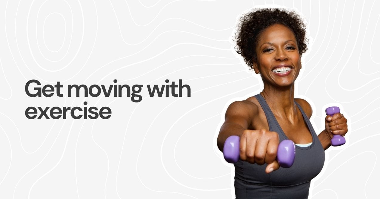 Smiling woman lifting small dumbbells during a workout.