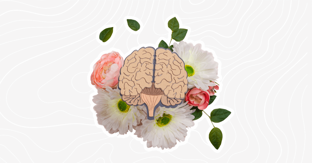 brain and flowers in the background