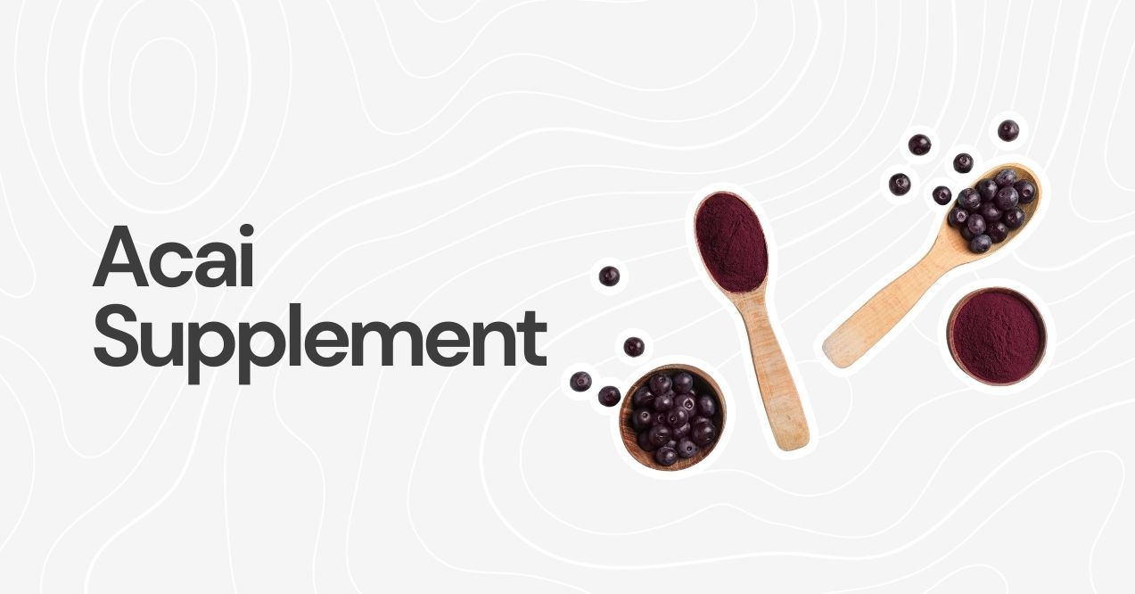 Acai powder and berries with wooden spoons on a white background.