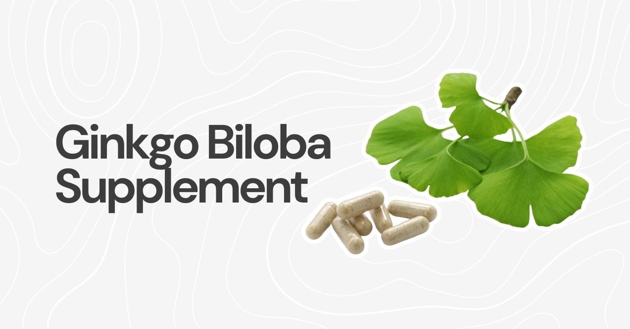 Ginkgo Biloba leaves and capsules displayed on a white background.