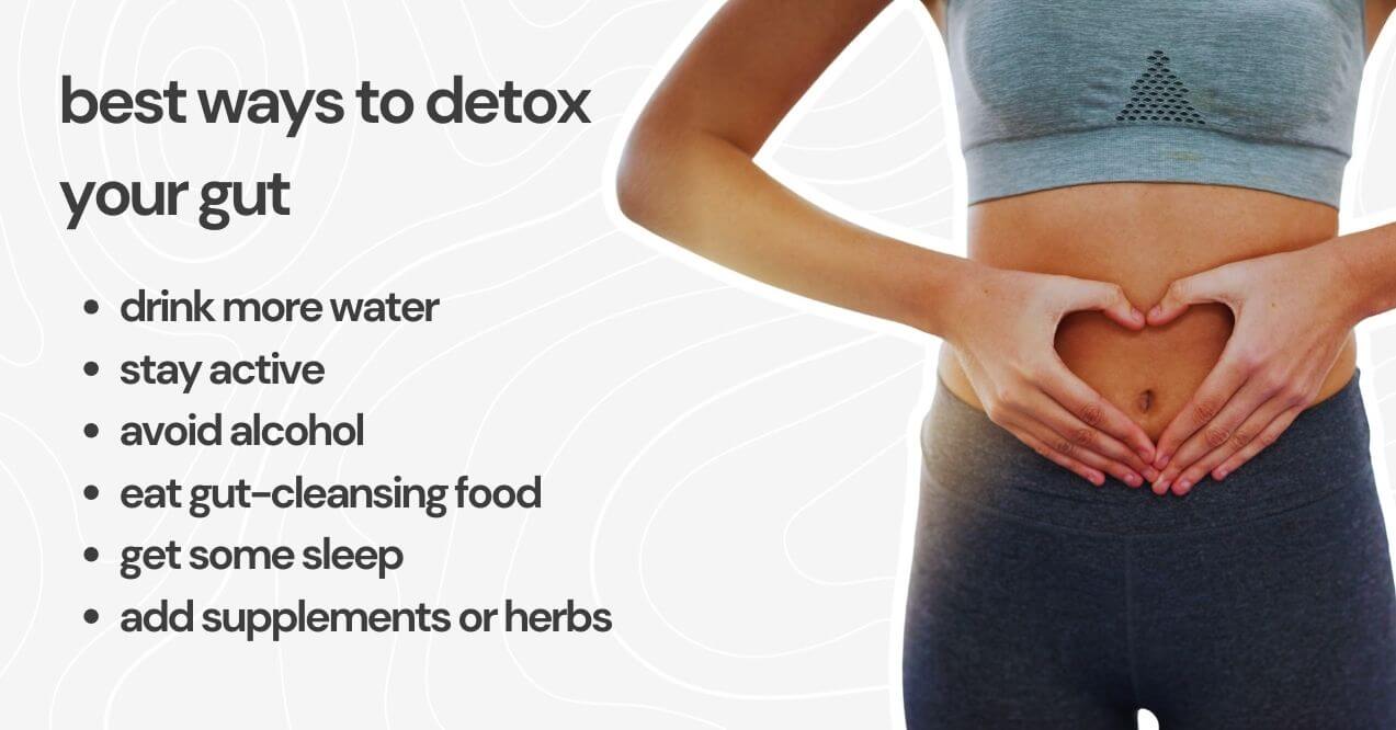 Tips for gut detox with a woman forming a heart shape over her abdomen.