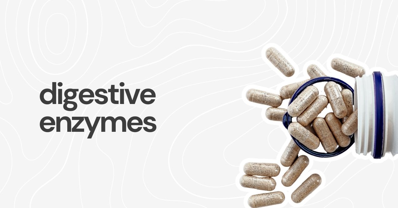 Open container of digestive enzyme capsules spilling out.