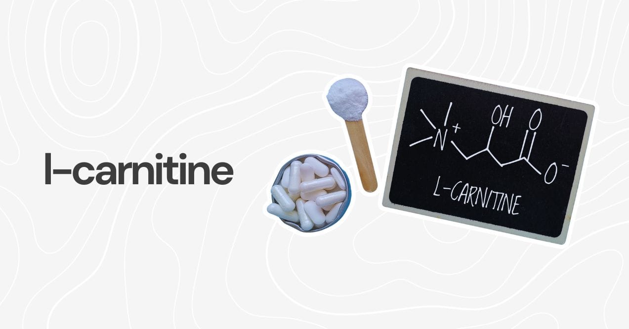 Capsules, powder scoop, and chemical formula illustration of L-Carnitine.