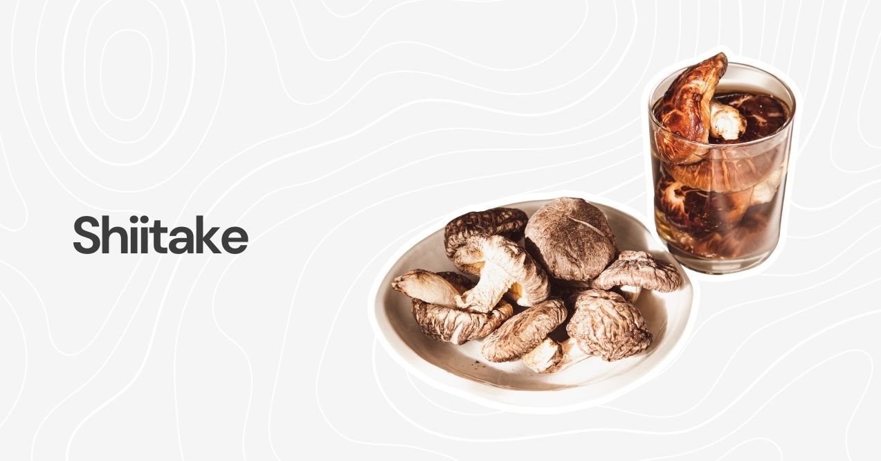 Shiitake mushrooms displayed on a plate and soaked in a glass of water.