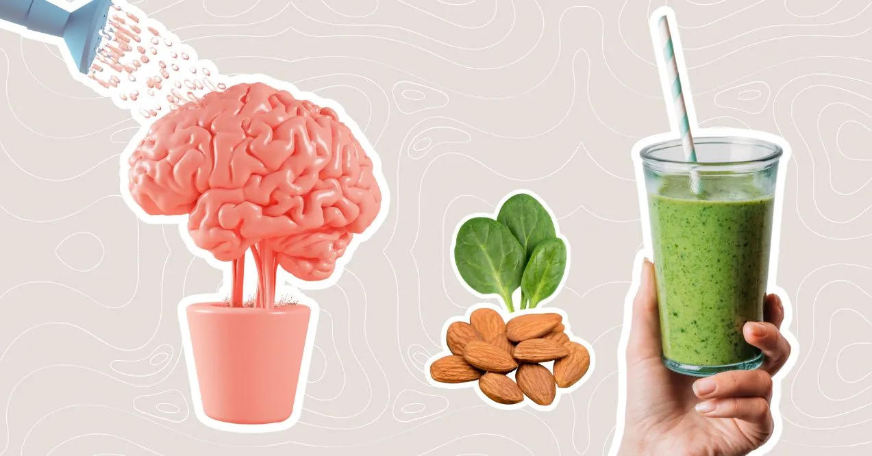 smoothies for brain fog featured image illustrating green smoothie and a brain in a plant pot