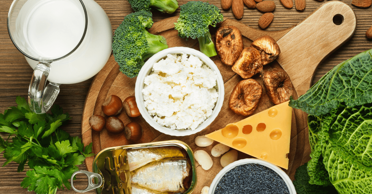 Foods rich in calcium such as sardines, bean, dried figs, almonds, cottage cheese, hazelnuts, parsley leaves, blue poppy seed, broccoli, italian cabbage, cheese, milk