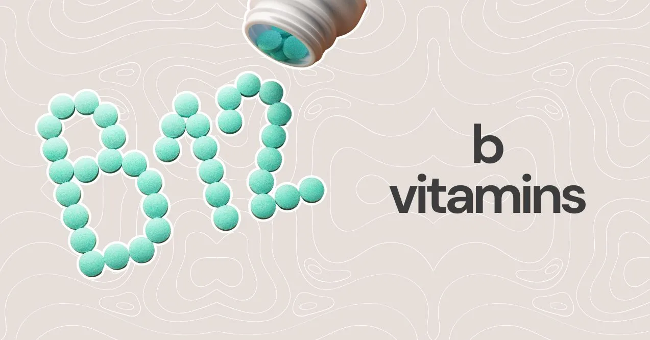 Illustration of B12 purple pills visual on the left with text "b vitamins" on the right