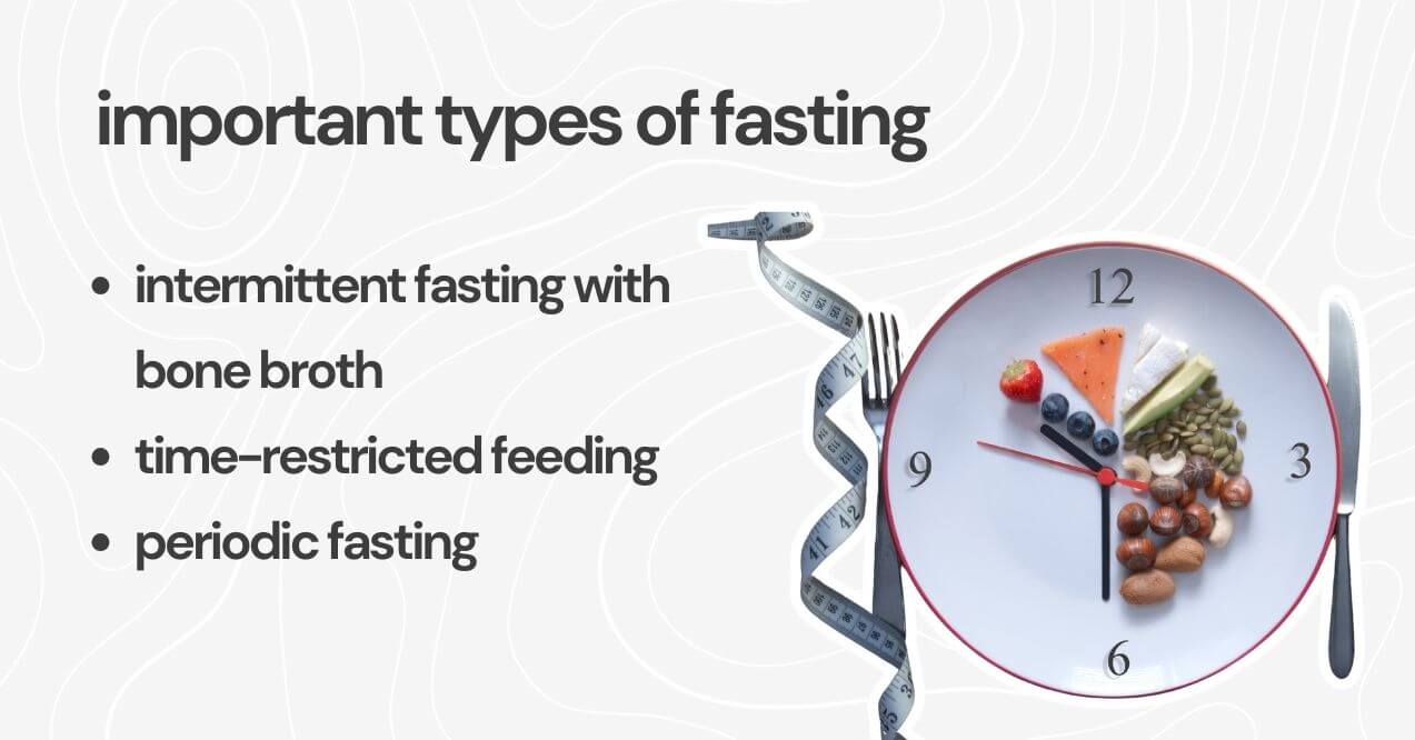 Graphic showing types of fasting, including intermittent fasting, time-restricted feeding, and periodic fasting.