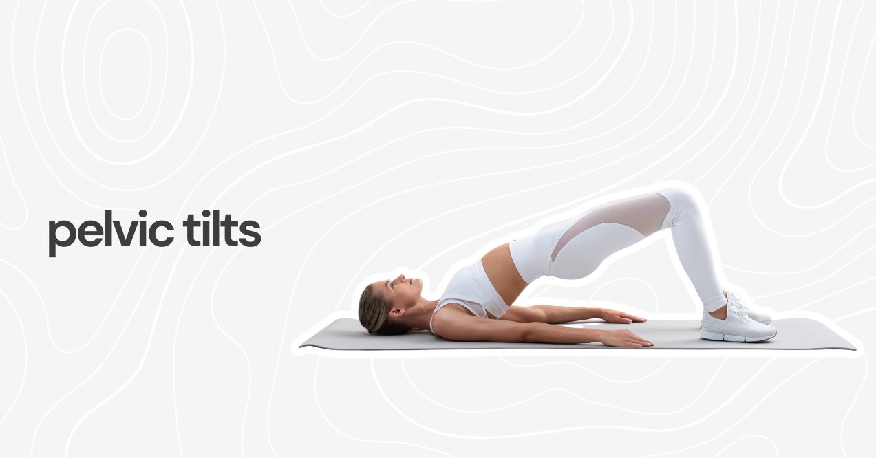 A woman in activewear lying on a mat performing pelvic tilt exercises.