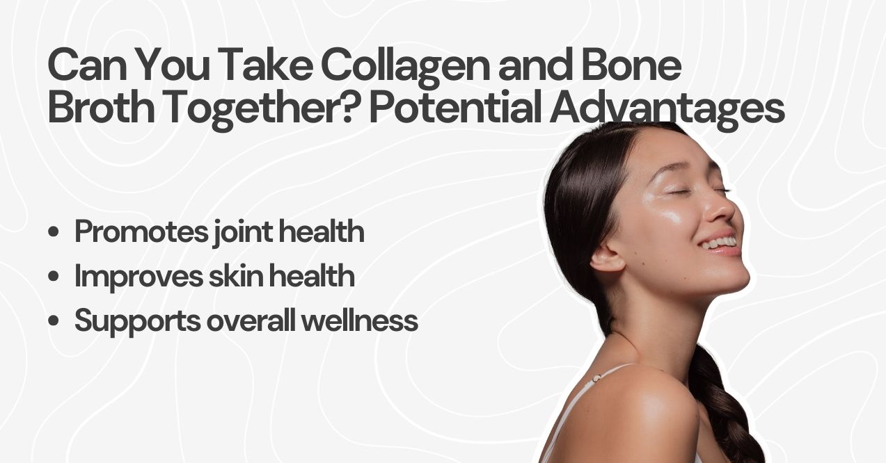 Image of a smiling woman with text on collagen and bone broth potential advantages.