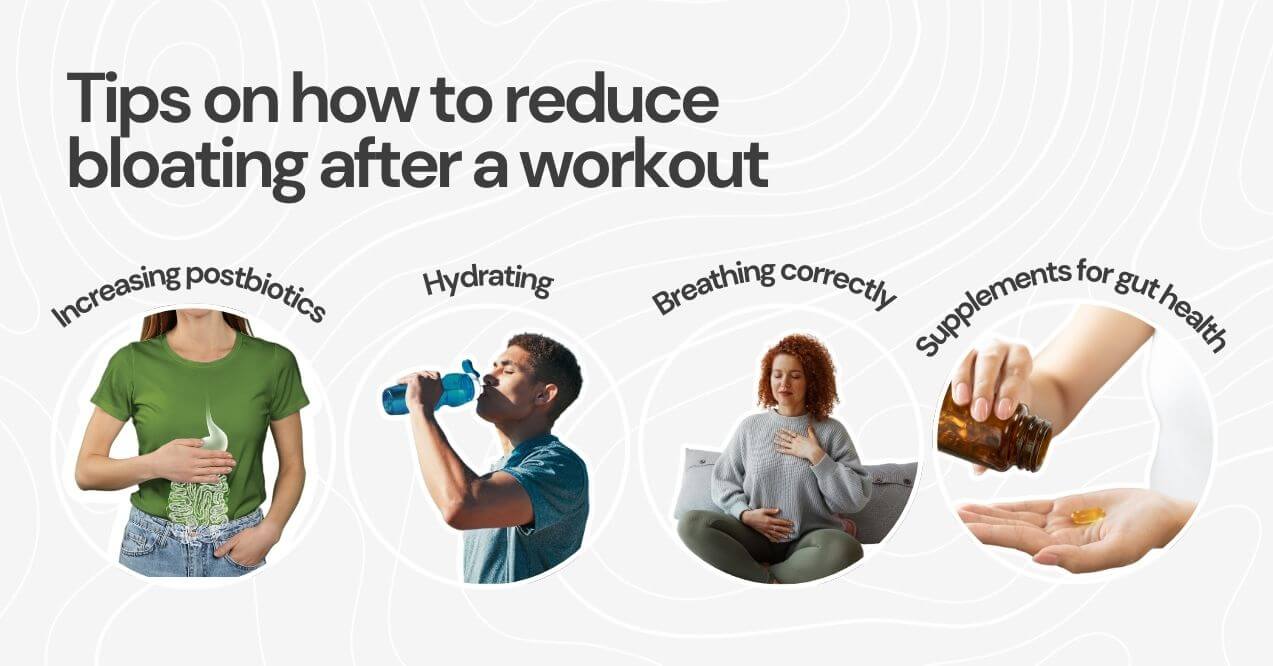 Tips to reduce workout bloating: postbiotics, hydration, breathing, and gut health supplements.