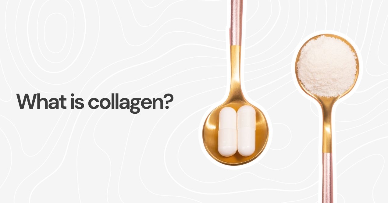 Spoons with collagen capsules and powder representing the question: What is collagen?