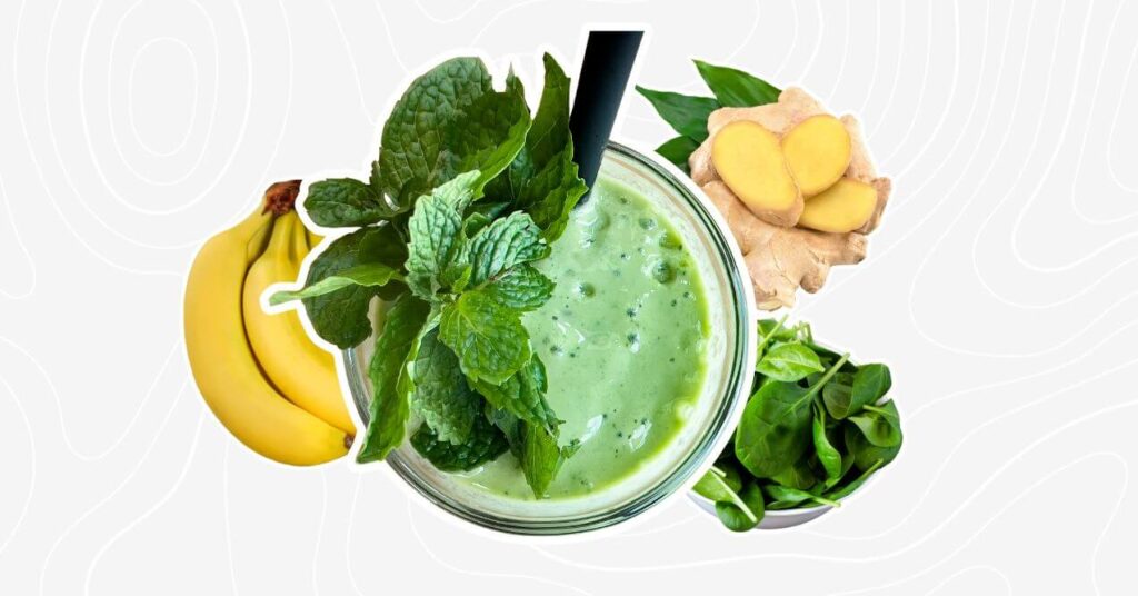 Ginger banana spinach kefir smoothie with banana, fresh spinach, and ginger slices.