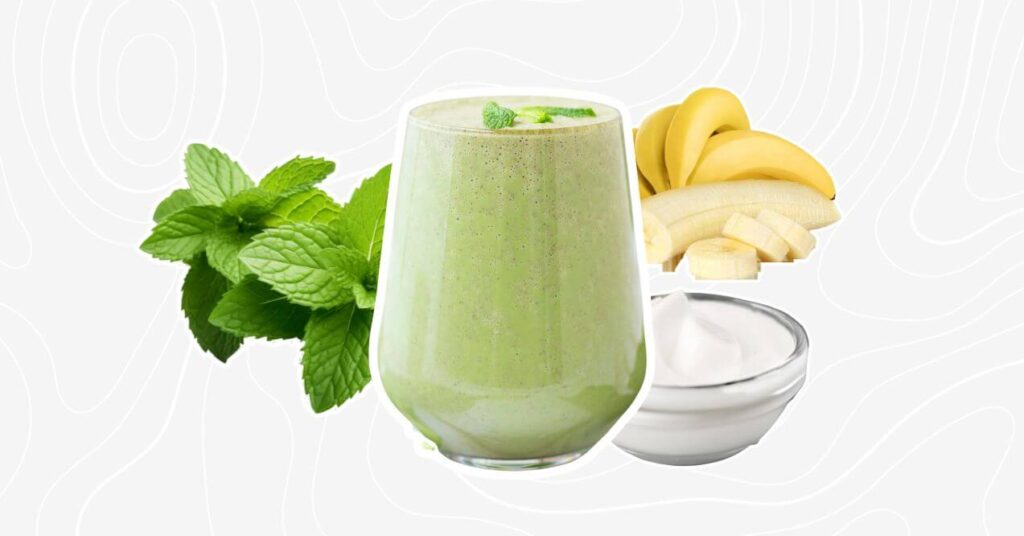 Peppermint banana Greek yogurt smoothie with fresh mint and banana slices.