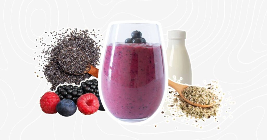 Triple seed kefir berry smoothie with raspberries, blackberries, blueberries, chia, and hemp seeds.