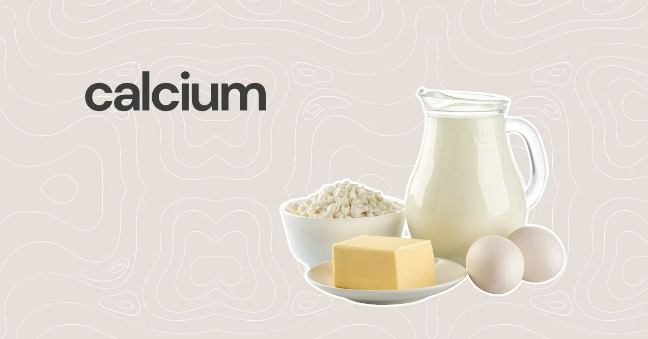 Illustration of calcium rich foods on the right with text "calcium" on the left