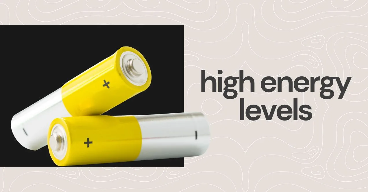 high energy illustration, two yellow batteries zoomed in with text "high energy levels" next to it