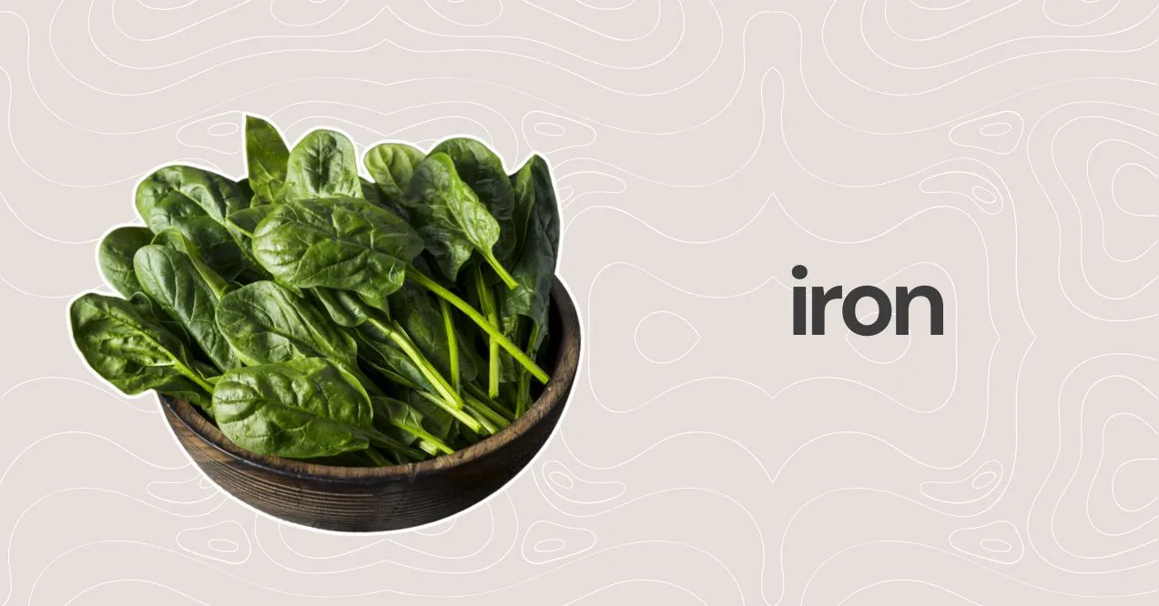 Illustration of spinach bowl visual on the left with text "iron" on the right