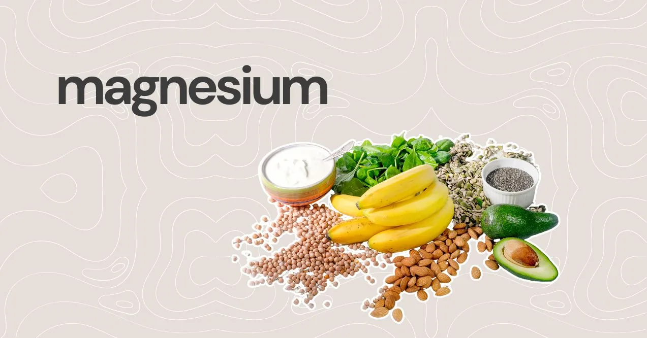 Illustration of visual of the magnesium rich foods right with text "magnesium" on the left