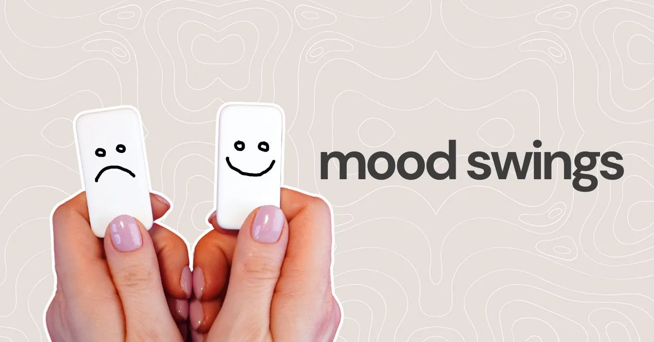 Illustration of mood swings as a sign of poor gut health. Shows hands with happy and sad domino pieces.