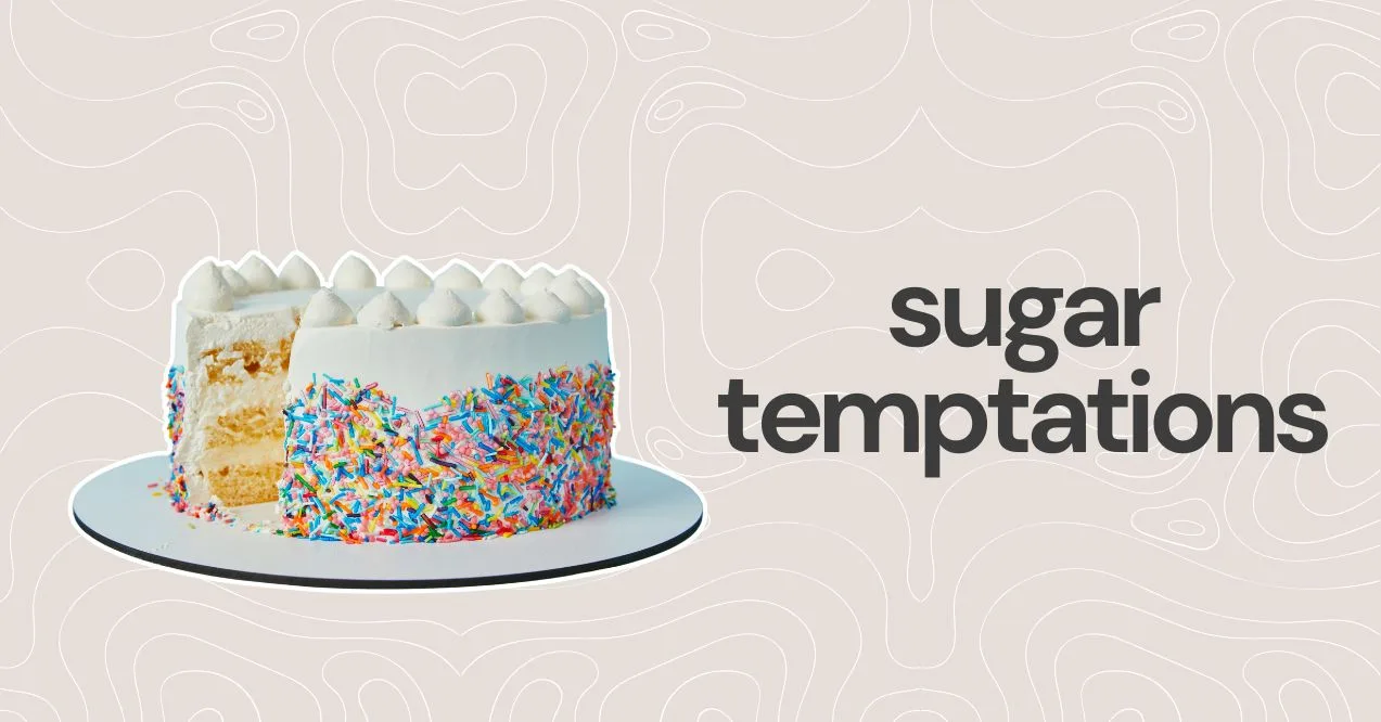 Illustration of sugar cravings as a sign of poor gut health. Shows a cake,