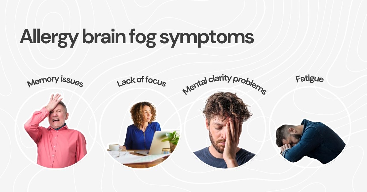 Visual representation of brain fog symptoms like memory issues and fatigue.