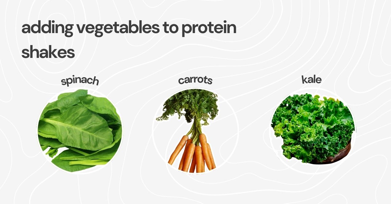 Images of spinach, carrots, and kale as vegetable options for shakes.