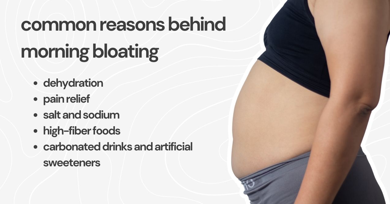 A side view of a person’s bloated abdomen with a list of bloating causes on the side.