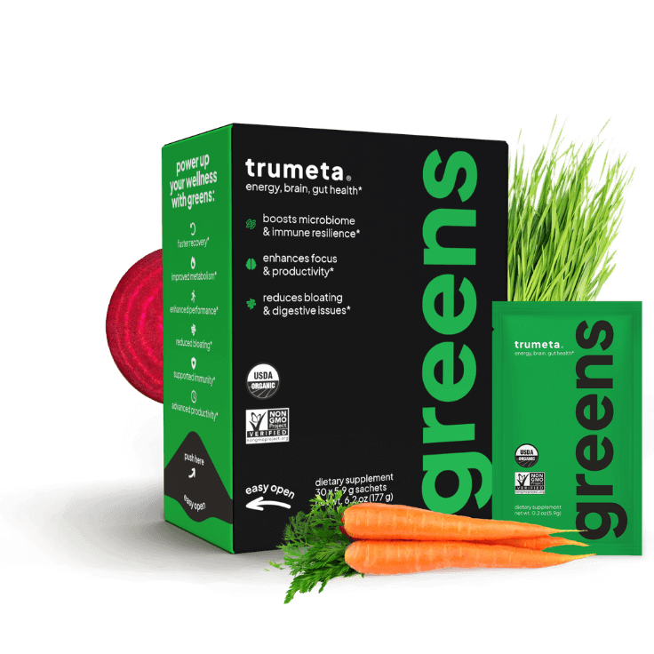 Trumeta greens box and sachet product image with no background with carrots and beetroot