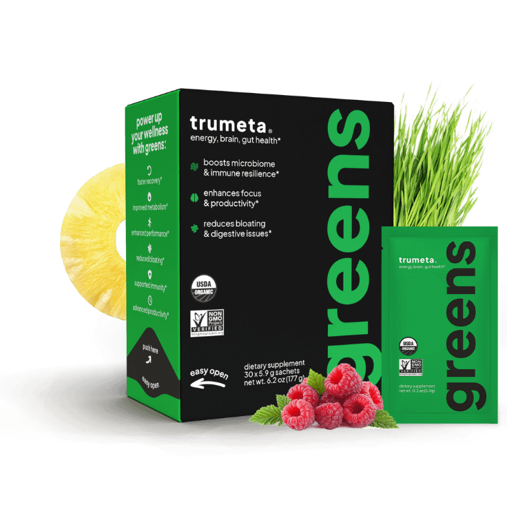 Trumeta greens box and sachet product image with no background with pineapple, raspberries nearby