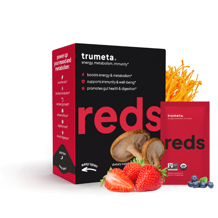 Trumeta reds box and sachet product image with no background with mushrooms, cordyceps and berries