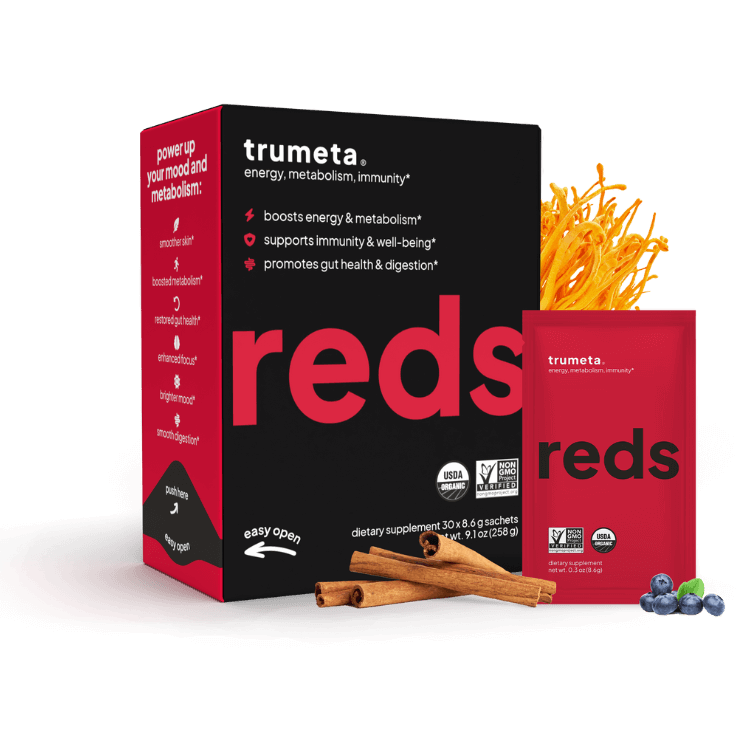 Trumeta reds box and sachet product image with no background with cordyceps and cinnamon