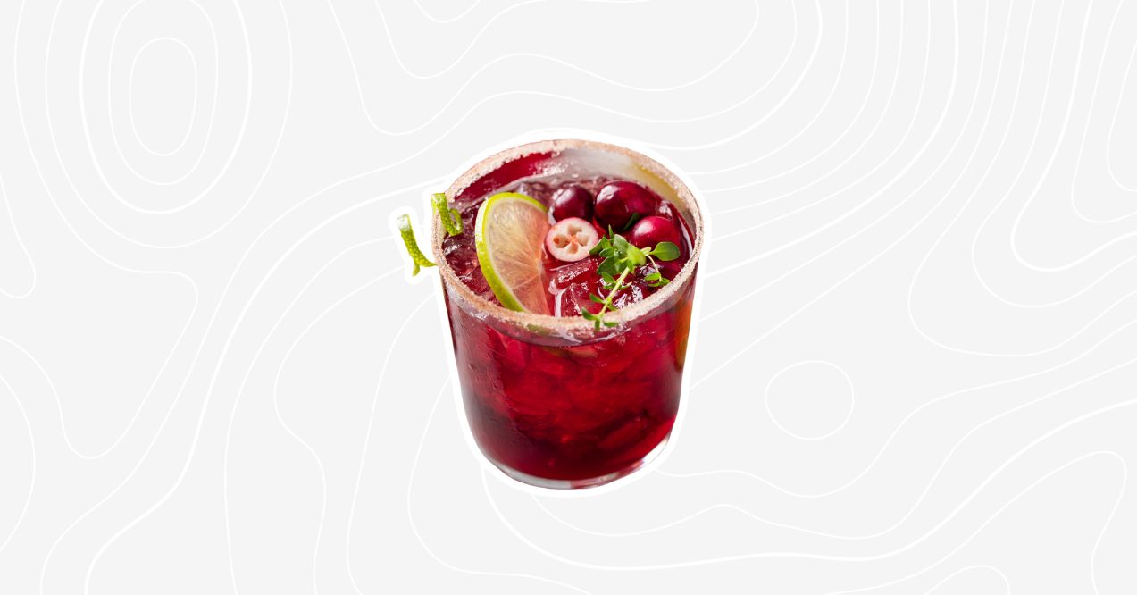 A refreshing cranberry juice mocktail with lime slices and cranberries garnished on top.