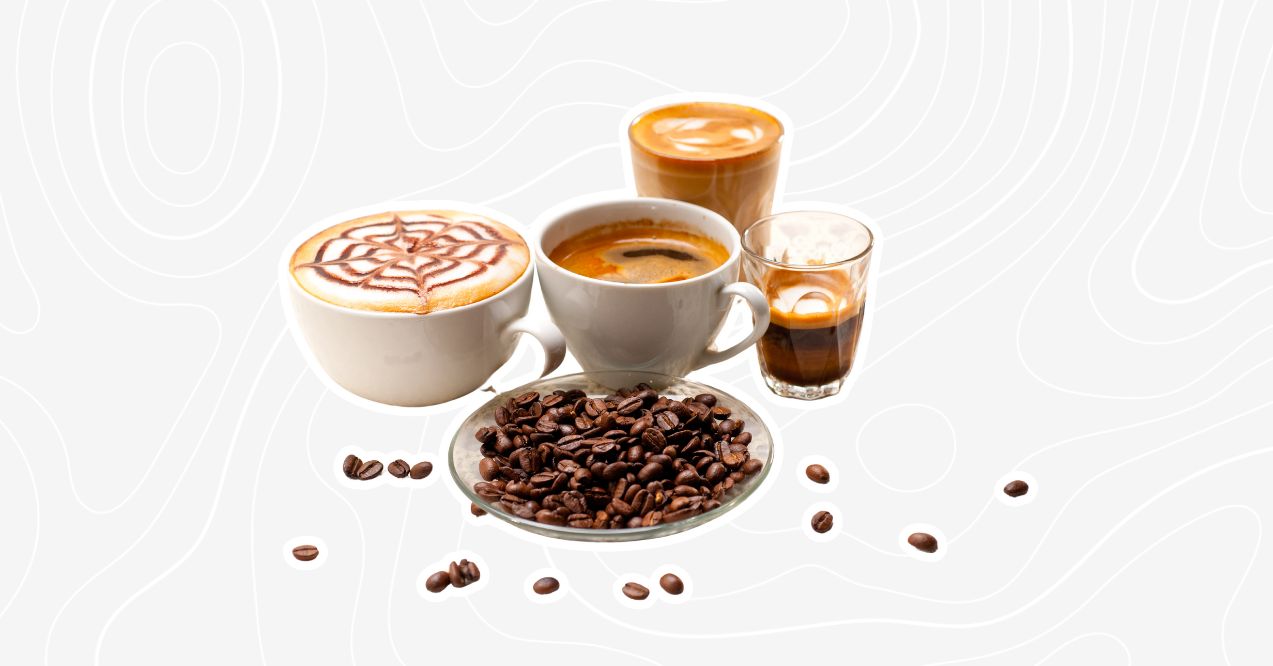 A variety of coffee drinks including cappuccino, espresso, and a plate of coffee beans displayed together.