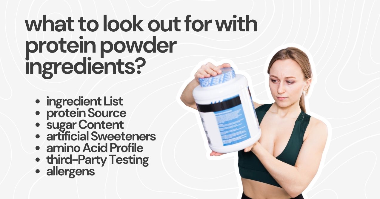 Woman checking a protein powder container label for ingredients.