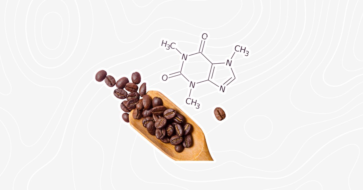 Scoop of coffee beans with a chemical structure diagram of caffeine on a light background.