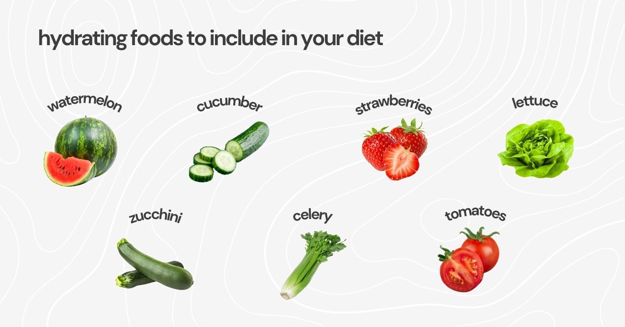 Hydrating foods: watermelon, cucumber, strawberries, lettuce, zucchini, celery, and tomatoes.