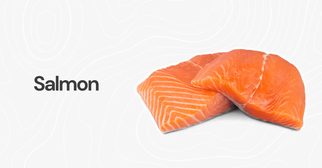 Two fresh, raw salmon fillets with a vibrant orange color, displayed against a light background with a subtle abstract pattern.